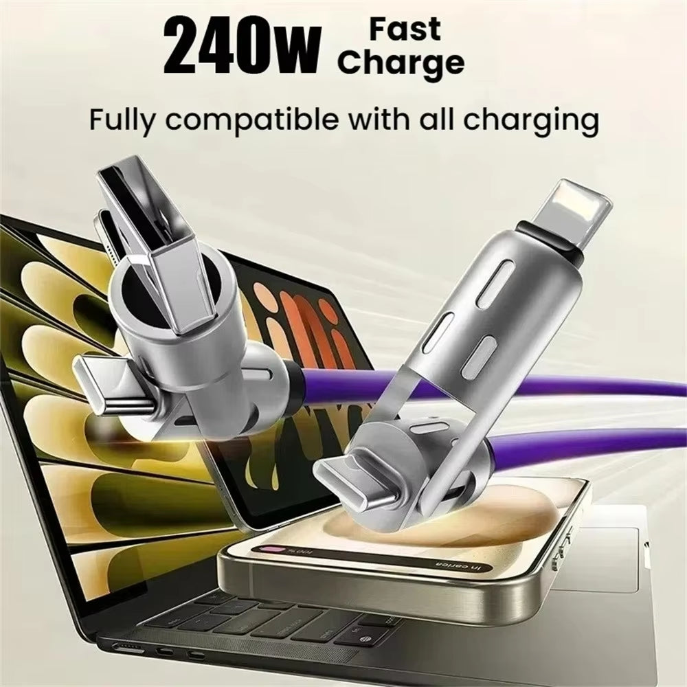 240W Type-C Fast Charging Cable - 4-in-1 USB PD Silicone Super Fast Charging Cord for iPhone, Samsung, and Xiaomi