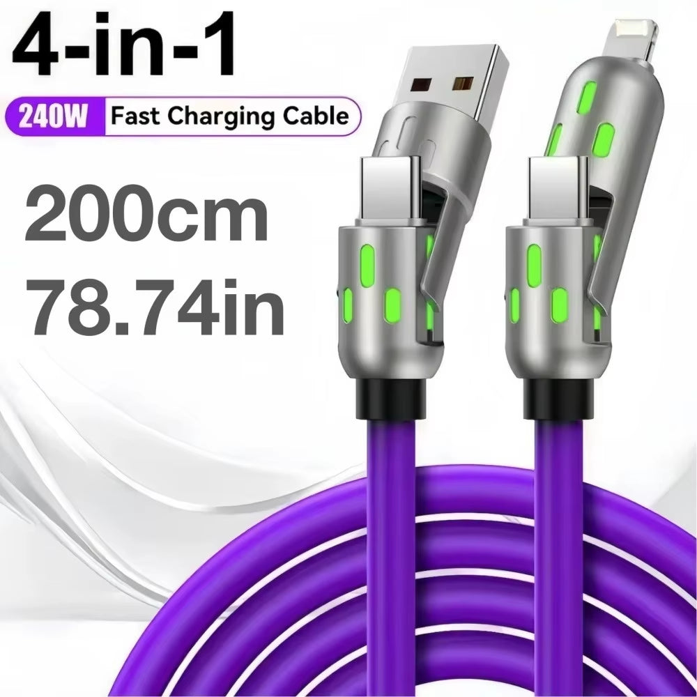 240W Type-C Fast Charging Cable - 4-in-1 USB PD Silicone Super Fast Charging Cord for iPhone, Samsung, and Xiaomi